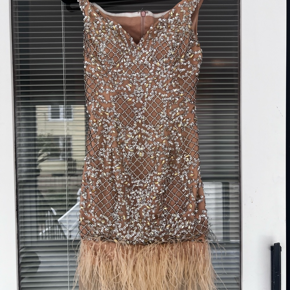 Terani Couture Silver and Nude Midi Dress